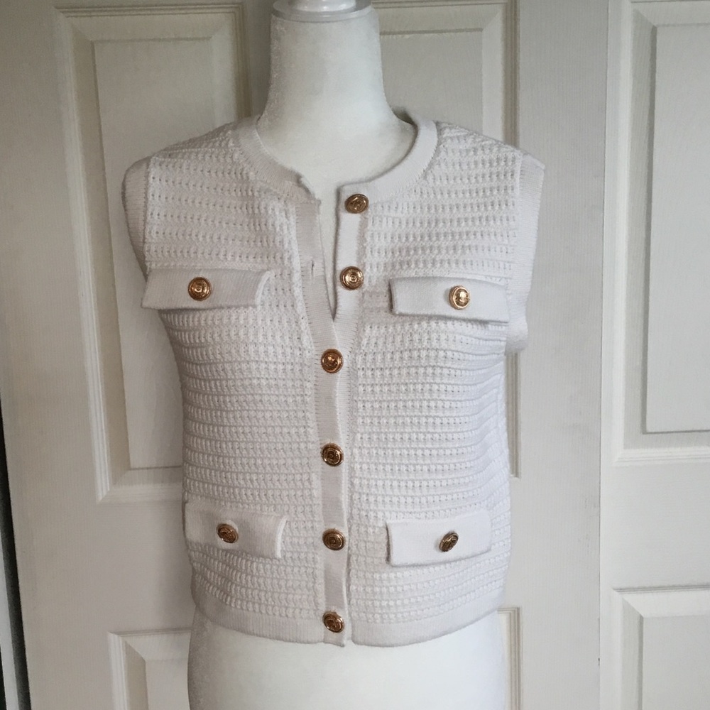 White Sleeveless Knit Button Front Vest with Gold Buttons